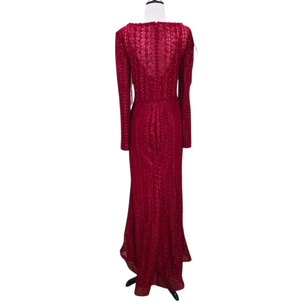 Mac Duggal Dress 12 Red Formal 20271 Embellished Long Sleeve Burgundy Gown - Picture 9 of 12